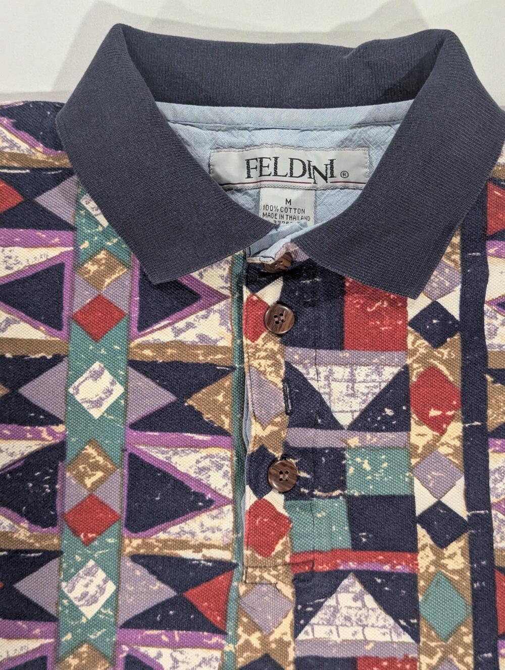 Feldini Polo Shirt Mens M Multicolor Geometric Short Sleeve Cotton Knit Casual